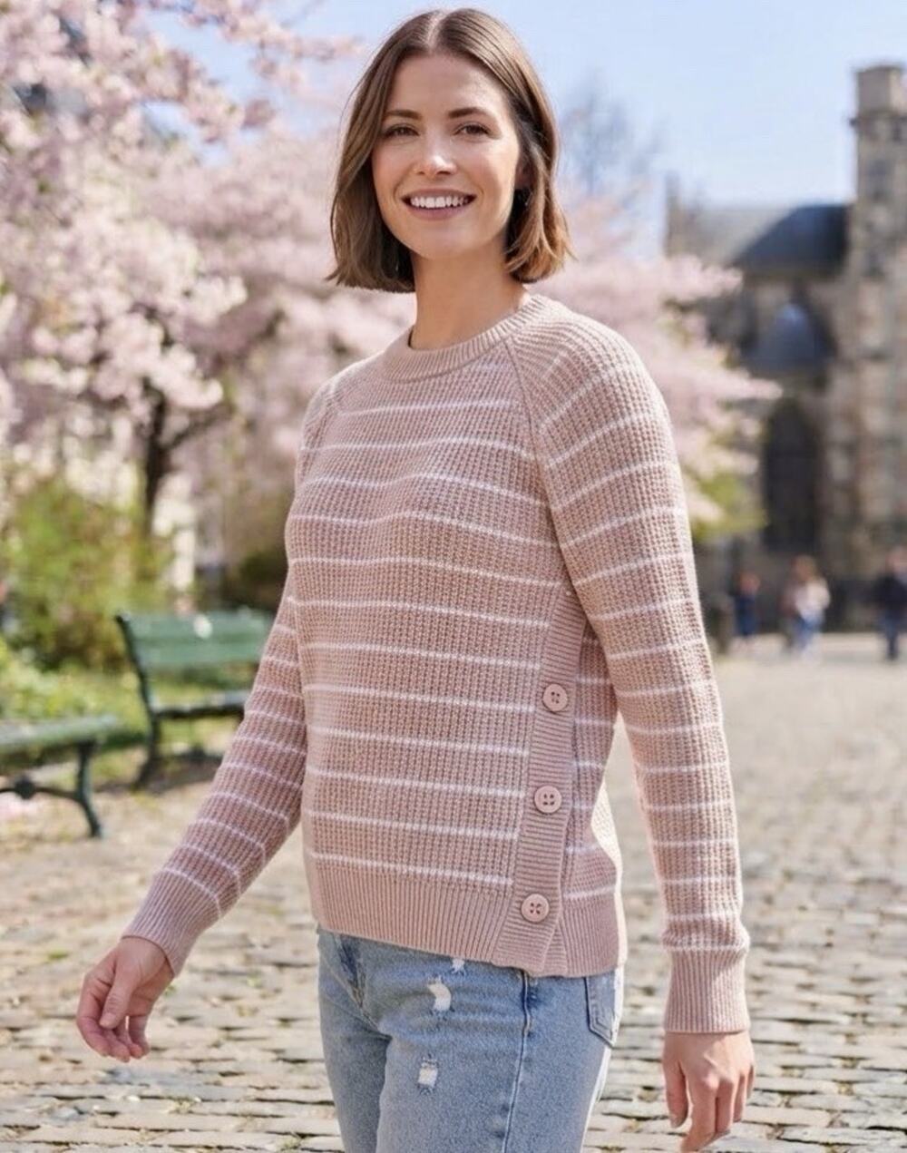 Lark+Grey Pink/White Stripe Knit Fall Sweater Side Button Design Crew Neck L